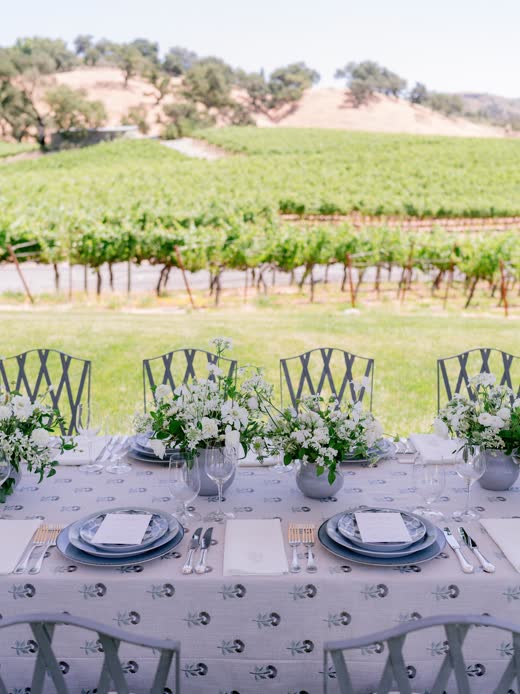 A luncheon table set with blue linen and white flowers above the vineyard